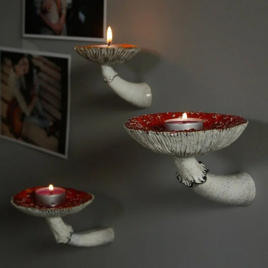 No-EN-Name-Null Modern Wall Mounted Unique Floating Shelves Red-White Amanita Mushroom Head-Stem-Cup Resin Candle Holder Trays/Colors-White/Red/Gray