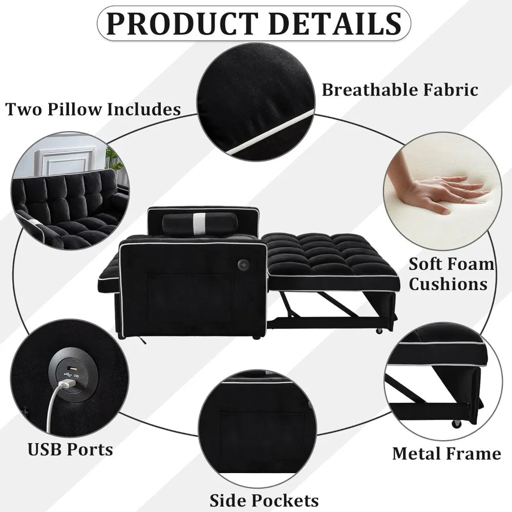 No-EN-Name-Null 3-In-1 Medium Soft Adjustable Backrest Pull Out Black Tuft-White Trim Soft Velvet Fabric Metal Frame Convertible Seat-Recliner-Sleeper Bed Sofas/2 USB Ports /2 Pillars /2 Pockets/Colors-Black Tuft/Gray Tuft/Light Gray Tuft/
