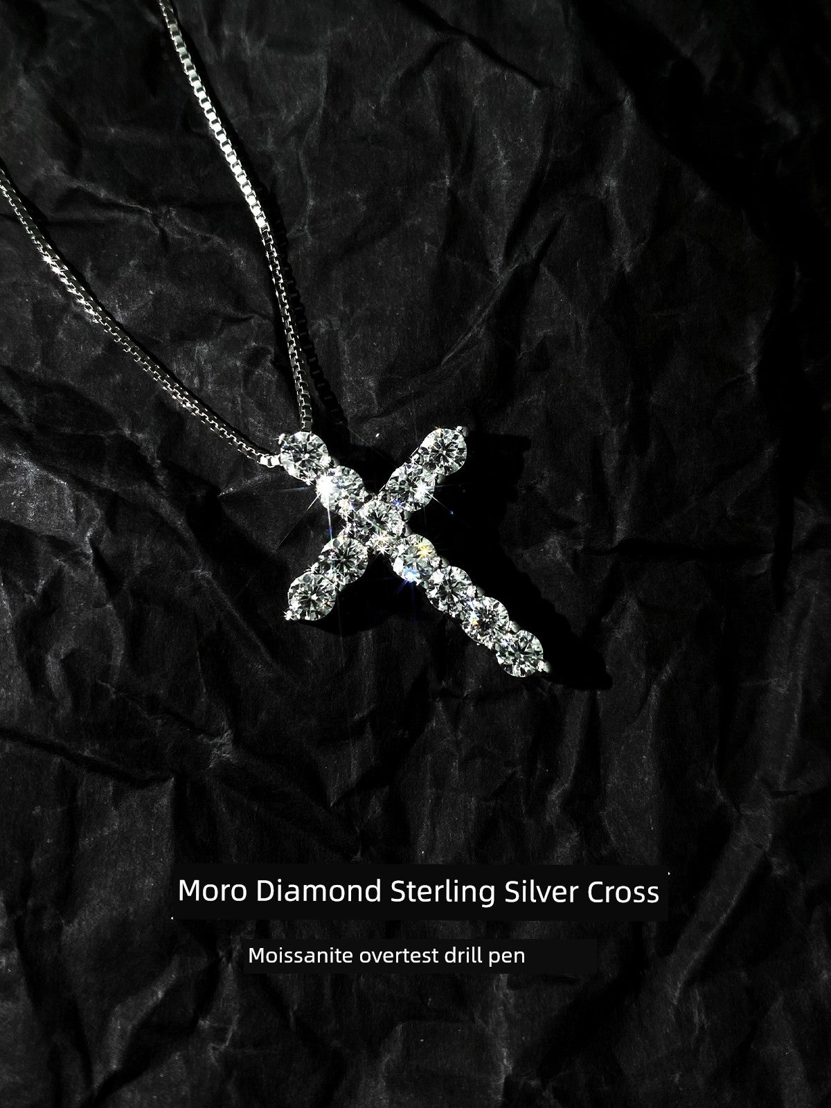 ZHENAI Adult Unisex Fine Imitation Sterling Silver-Plated Geometric Inlaid Clear White Shiny Moissanite Full Diamond-Like Gemstones Cross Pendant Box Chain Necklaces