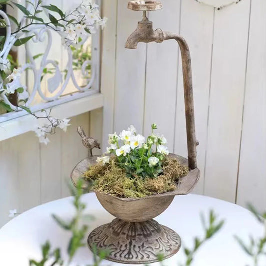 No-EN-Name-Null Outdoor Home Garden Free-Standing Antique Bronze Metal Faucet-Small Bird Plastic Flowerpot Hallow Base Spa Synthetic Birdbaths/ Colors-Bronze/Brown/White/Gray/Floral