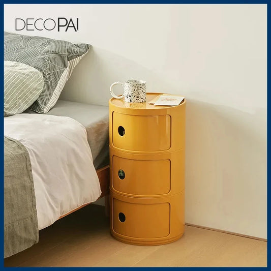 DECOPAI Modern Multicolor Waterproof Tall Plastic Round Shaped Small Narrow Three Sliding Drawers Nightstands /Multicolor