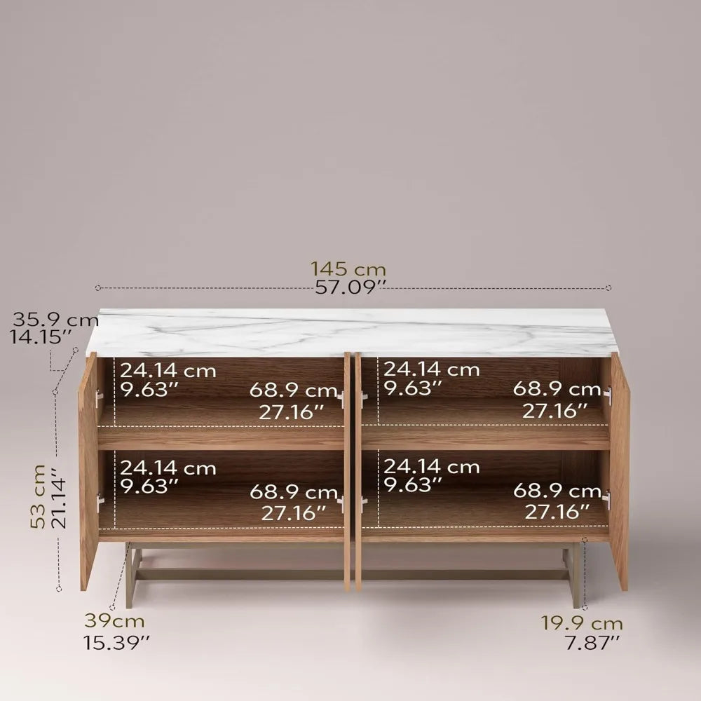DUTRIEUX Modern White Faux Marble Top Solid Oak Wood Tip-On Doors Cabinet Rectangle Entertainment Centers-TV Stands/Fits TV's Up to 65 Inches/Dimension: W 57.09" x D 17.09" x H 29/Easy To Install