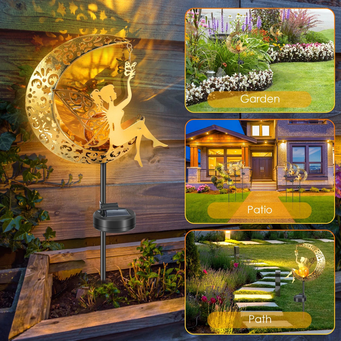 No-EN-Name-Null Outdoor Solar-Powered Fairy Sitting On A Half Moon-Stars Pattern LED Light Iron Metal Body Garden Landscape Pathway Lighting