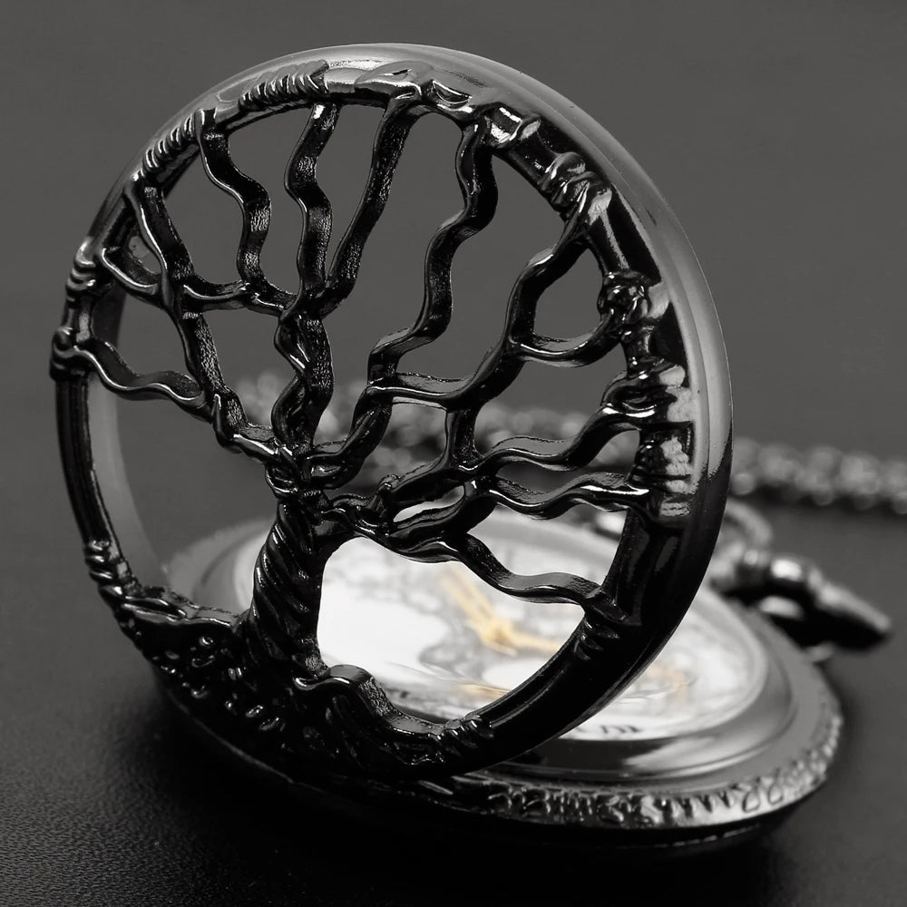 SHUHANG Unisex Adults Waterproof Vintage Antique Acrylic Face Black Round Shaped Quartz Movement Stainless Steel Metal Case Analog Display All Black Roman Numeral Hallow-Out Garden Of Eden Tree Of Life Sweater Necklace Chain-Pocket Watches