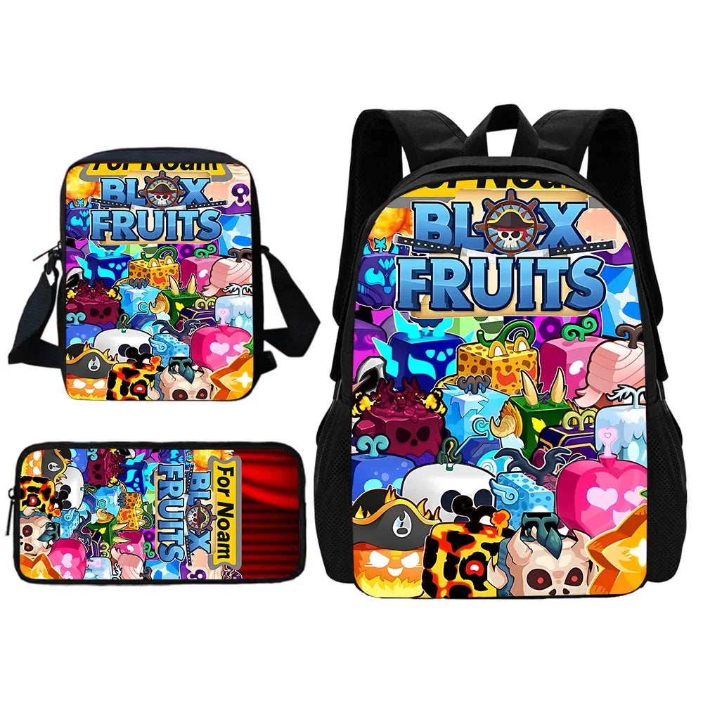 TOPTOY Kids Large Waterproof Multicolor Nylon Fabric Cartoon Smiling Fruit Critters Double Zippers Polyester Lining Shoulder Straps-Handle School Backpacks Sets/Pencil Bags/External Pockets/Colors-Multicolor/Black/Purple