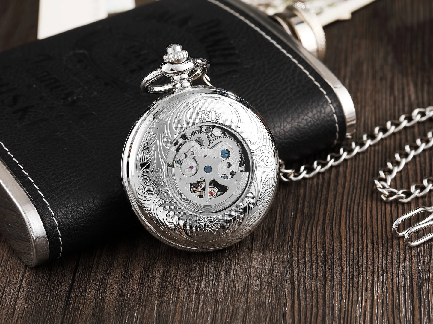 GORBEN Adults Manual Hand Wind Silver Hallow-Out Face Round Shaped Metal Alloy Case Analog Display Roman Numerals Pendant Chain-Pocket Watches/Optional: With Box-Without