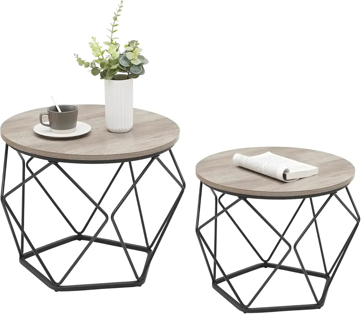 No-EN-Name-Null 2 PCS Rustic Brown Round Wood Top Steel Frame Coffee Table Sets/Colors-Rustic Brown-Black Base/Charcoal Gray-Black Base/White Marble-Black Base/Beige-Black Base/Size:( Large Size) 19.7cm W x 15.7cm H/( Small Size) 15.7cm W x 14.2cm H