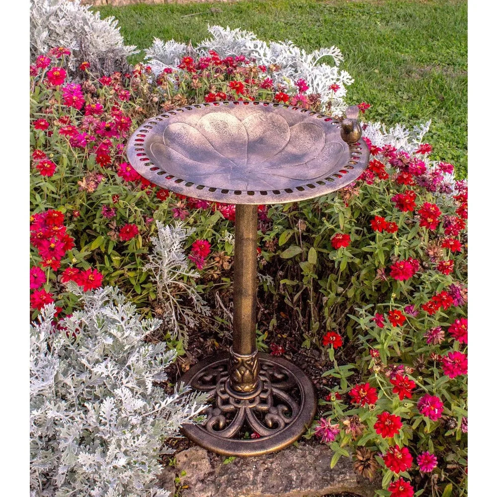 No-EN-Name-Null Outdoor Free-Standing Patio-Garden Weather-Fade Resistant One Decorative Bird On Polyresin Bronze Metal Finish Hallowed Out Scrollwork Base Bird Baths/Ground Stakes Included