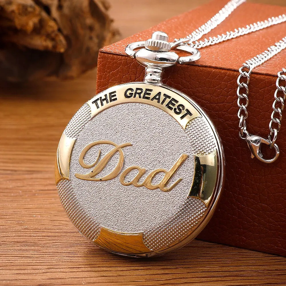 No-EN-Name-Null Adults Antique Waterproof Quartz Analog Display Glass Face Metal Alloy Round Shaped Case Silver Background Engraved In Gold THE GREATEST DAD On The Front Pendant Chain-Pocket Watches