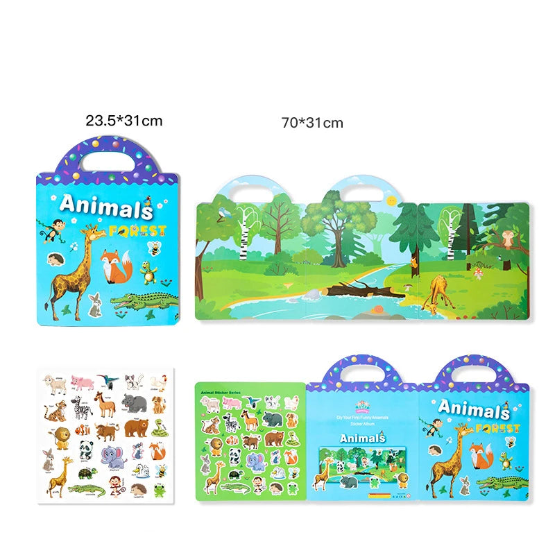 DATGO Parent-Preschool Kids Plastic-Vinyl Preschool Reusable Cartoon Copper Plate No-Tear Bubble Sticker Scene Paste Books Stickers-Sticker Machines /Ages :2 Years Old-Preschool Kids/Colors-Multicolor/Blue/Pink/Animal