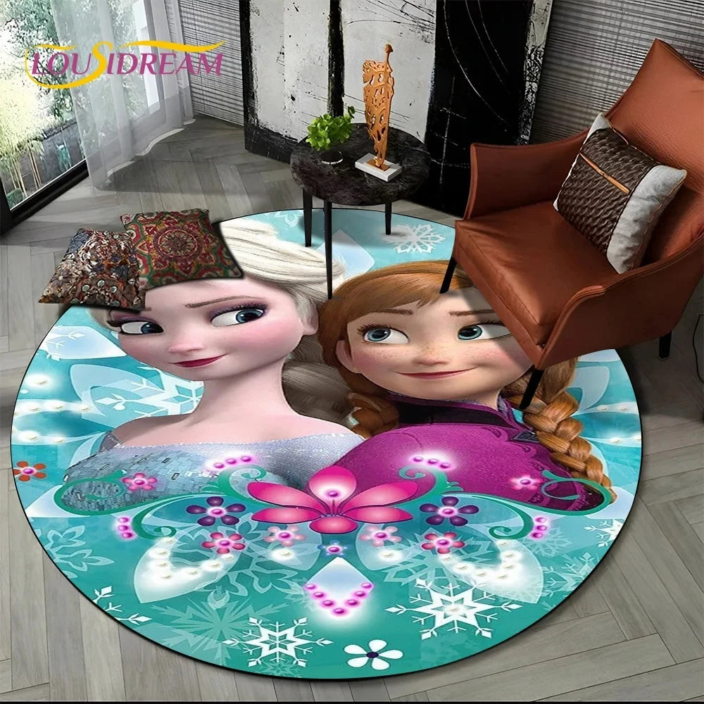 MINISO Indoor-Outdoor Kids Blue Background Round Shaped DISNEY'S Frozen II Movie Cartoon Anime Princess Elsa-Anna-Olaf Design Skid-Proof Bottom Polyester-Flannel Rugs/Colors-Blue/Red/Black/White