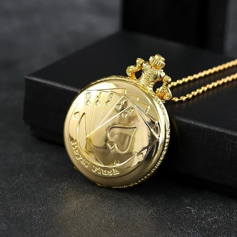 DEYROS Adults Quartz Analog Display Abrasion-Resistant Glass Face Gold-Bronze Round Shaped Metal Case Necklace Ball Chain-Pocket Watches