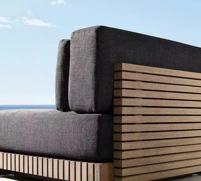 No-EN-Name-Null Outdoor Gray Soft Fabric Cushions Solid Brown Teak Wood Base Aluminum Frame Patio Sofa Sectional-Rectangle Shaped Coffee Table-Chairs-Ottoman Sets/Colors-Brown/Black/Gray/White/Silver/Multicolor