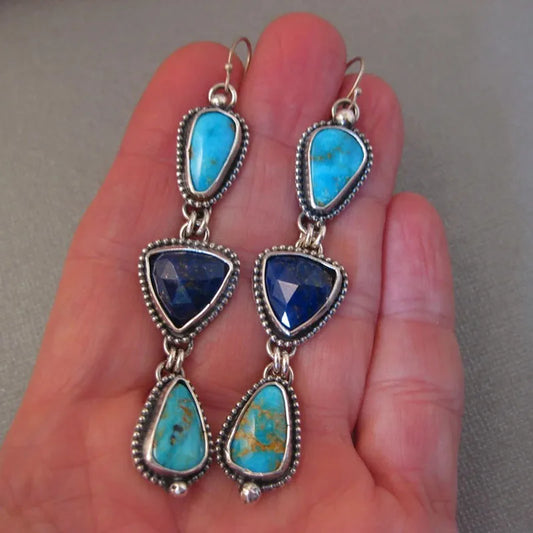 Women-Teen Girls Retro Silver Metal Handmade Blue-Green Stone Triangle Dangle Tear Drop Imitation Earrings/Colors-Blue/Green/Silver/Multicolor