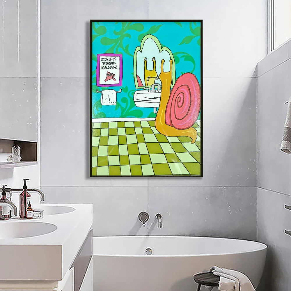 No-EN-Name-Null Modern Rectangle Unframed Canvas Cute Cartoon Funny Abstract Wash Your Hands Cute Snail Illustration Bathroom Wall Art Prints/Colors-White/Blue/Animal/Many SizesModern