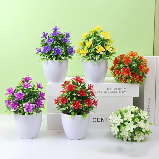 Plastic Artificial Flowering  Five Leaf Plum Mini Potted Plants/Colors-Floral/Purple/Yellow/Red/White