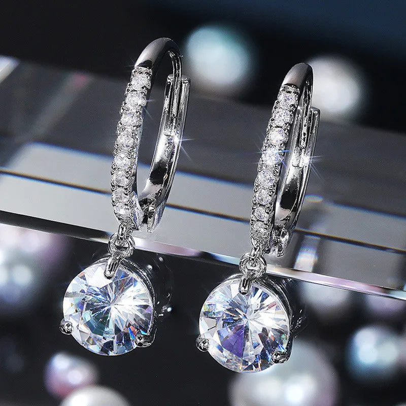 MODYLE Adult Women Imitation Cubic Zirconia Clear Diamond Stones Fine Jewelry Geometric Round Shaped Sterling Silver-Plated  Metal Dangle Water Drop Hoop Earrings