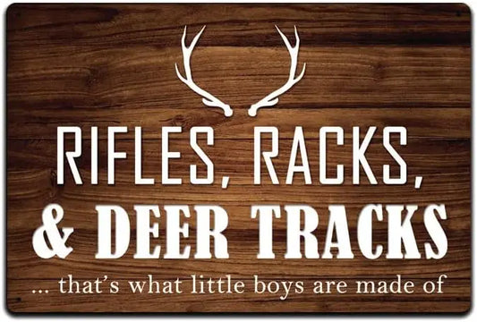 Vintage Hunting Lightweight Aluminum Boys Rectangle Wood Grain White Text Saying Rifles-Rack-Deer Track-That`s-What-Little-Boys-Made-Of /Colors-Brown/White/Gold