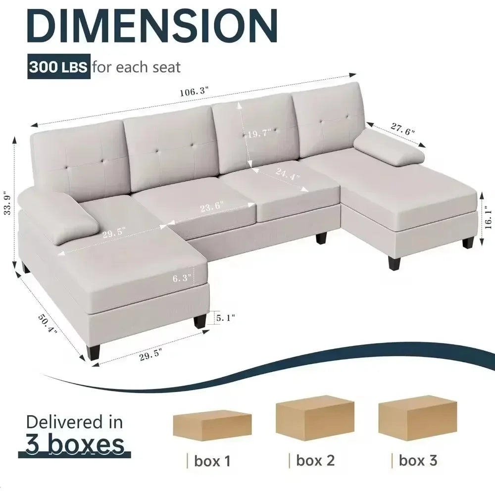 NULL Modern Large U-Shaped 4-Seater Double Wide Chaise Lounges Wood Frame Medium Firmness Breathable Soft Fabric Cushions Sectional Sofas/ Weight Max : 300 LBS /Colors- Dark Beige/Beige/Gray/ Dimension: 106.3" x 50.4" x 33.9".