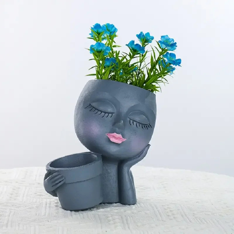 No-EN-Name-Null Indoor-Outdoor Classic Beige Resin Cute Girl Face Handheld Basket Flower Pots Planters/Colors-Beige/White/Gray/Brown/Pink/Multicolor/Floral
