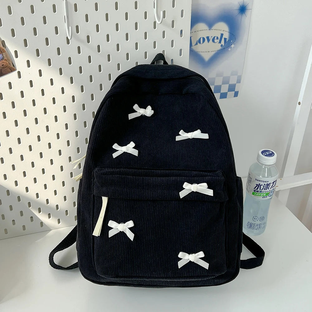 VKTECH Women Lightweight White Corduroy Charming Butterfly One Big-Three Small Black Bowknots Design Zippers Single Compartment Polyester Lining Shoulder Straps-Handle External Pockets School Backpacks/Colors-White/Black/Beige