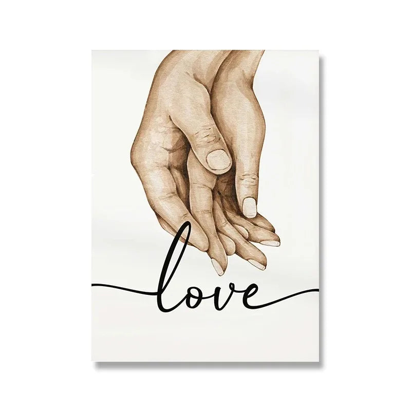 No-EN-Name-Null Nordic Unframed White-Beige Rectangle Artwork Reproduction Oil Canvas Romantic Lovers Holding Hands-Heart Shaped In The Middle-Family Prints /Colors-White/ Beige/Many Sizes
