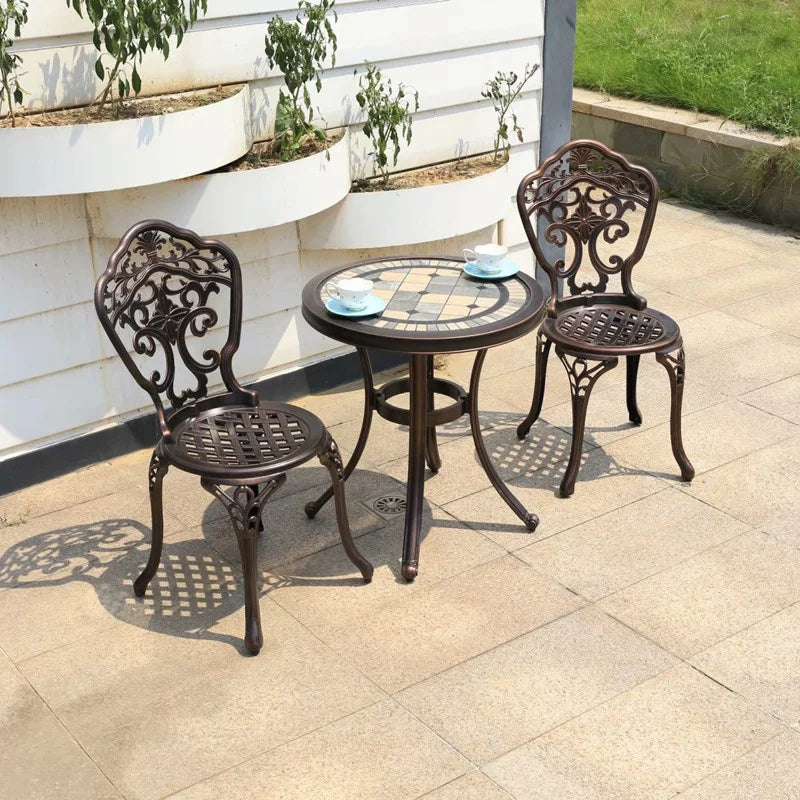 No-EN-Name-Null Outdoor Courtyard Floral Small White Four Stainless Steel-Cast Aluminum Metal Round Table-Chairs Outdoor Furniture Sets/ Size: 60x58x89cm/Colors-White/ Black/Bronze/Silver/Floral