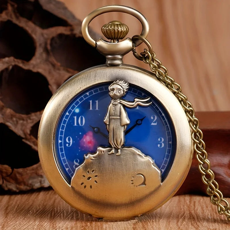 RUNERR Adults Vintage Imitation Quartz Analog Display Bronze Hollow-Out Round Shaped Metal Case Cartoon Little Prince Design Pendant Chain-Pocket Watches