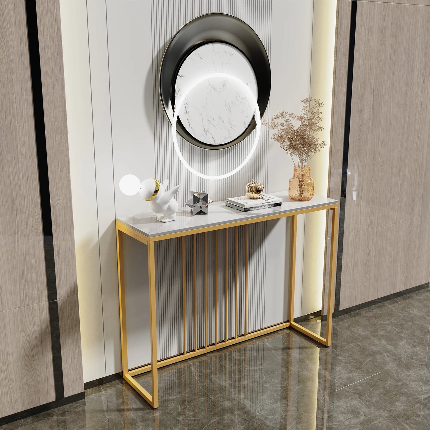BINGOPAW Modern Nordic Rectangle Shaped Narrow Sintered White Marble Top-Gold Metal Frame Entryway Console Tables/Colors-White Tops/Gold-Black Metal Frame/Size: 39.4 x11.8 x30.9 Inch