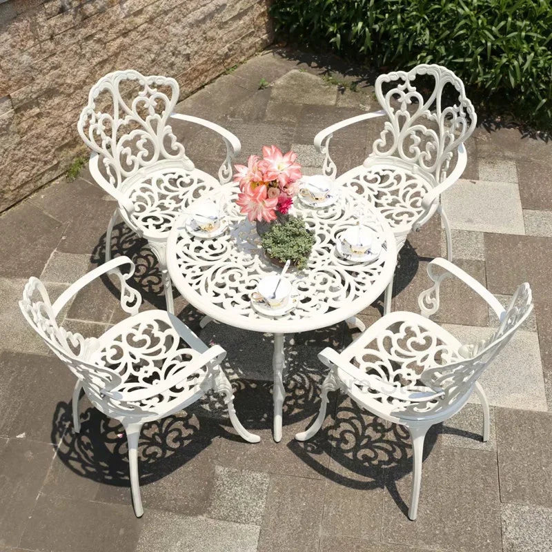 No-EN-Name-Null Outdoor Courtyard Floral Small White Four Stainless Steel-Cast Aluminum Metal Round Table-Chairs Outdoor Furniture Sets/ Size: 60x58x89cm/Colors-White/ Black/Bronze/Silver/Floral