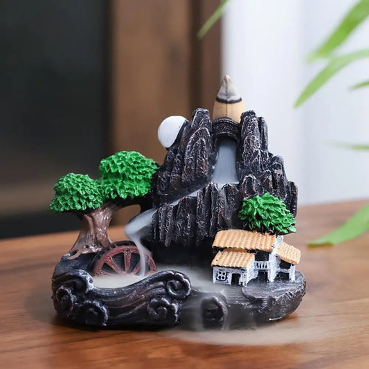 Ceramic Resin Small Village Scene Trees Rocky Mountain Terrain Brown Mill Wheel Realistic Flowing Water Backflow Incense Burner Holders/Colors-Black/Gray/Brown/Green