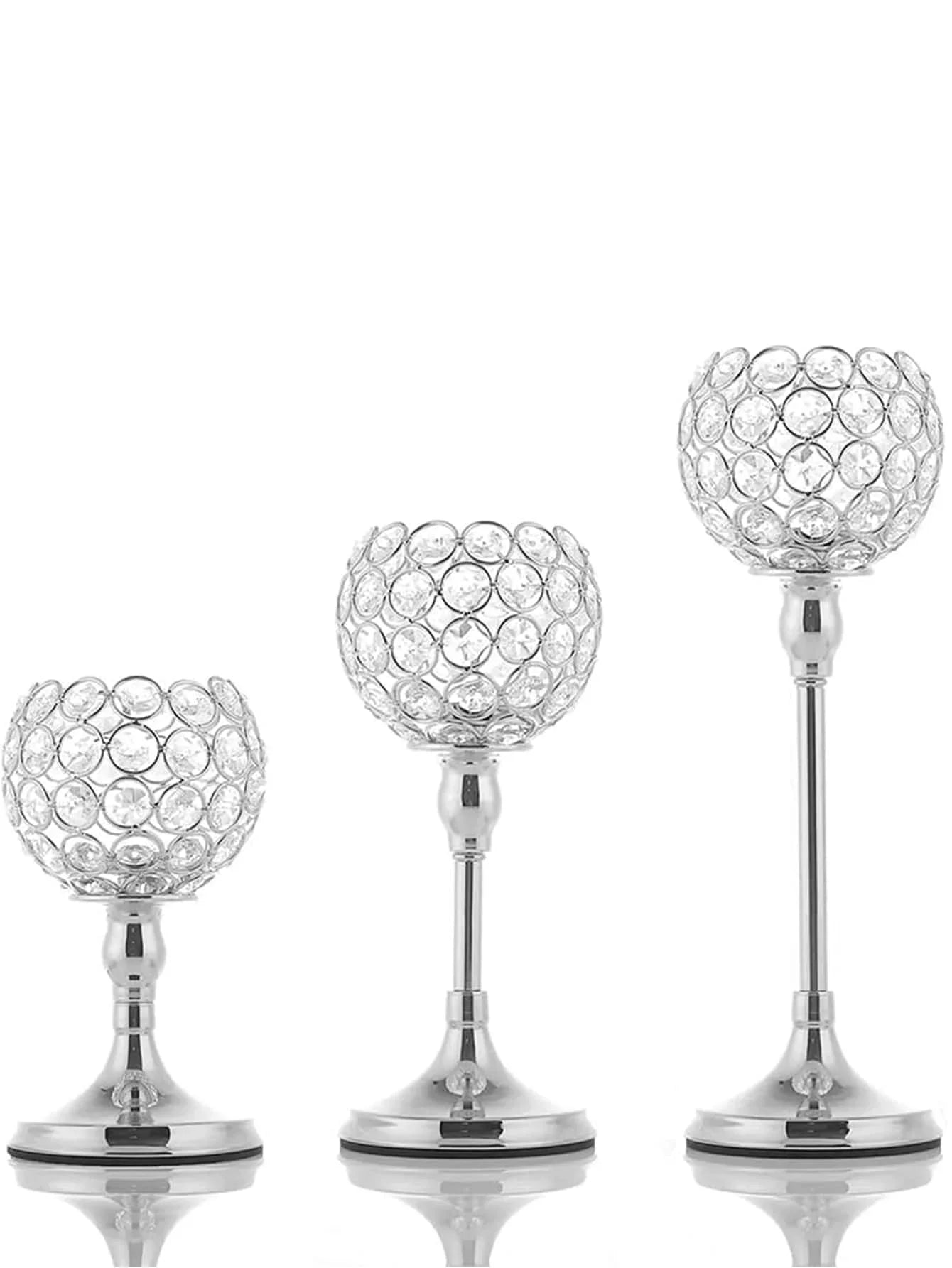 3 PCS Set S-M-L Iron Crystal Tea Light Candlestick Holders/Colors-Gold/Silver/Black