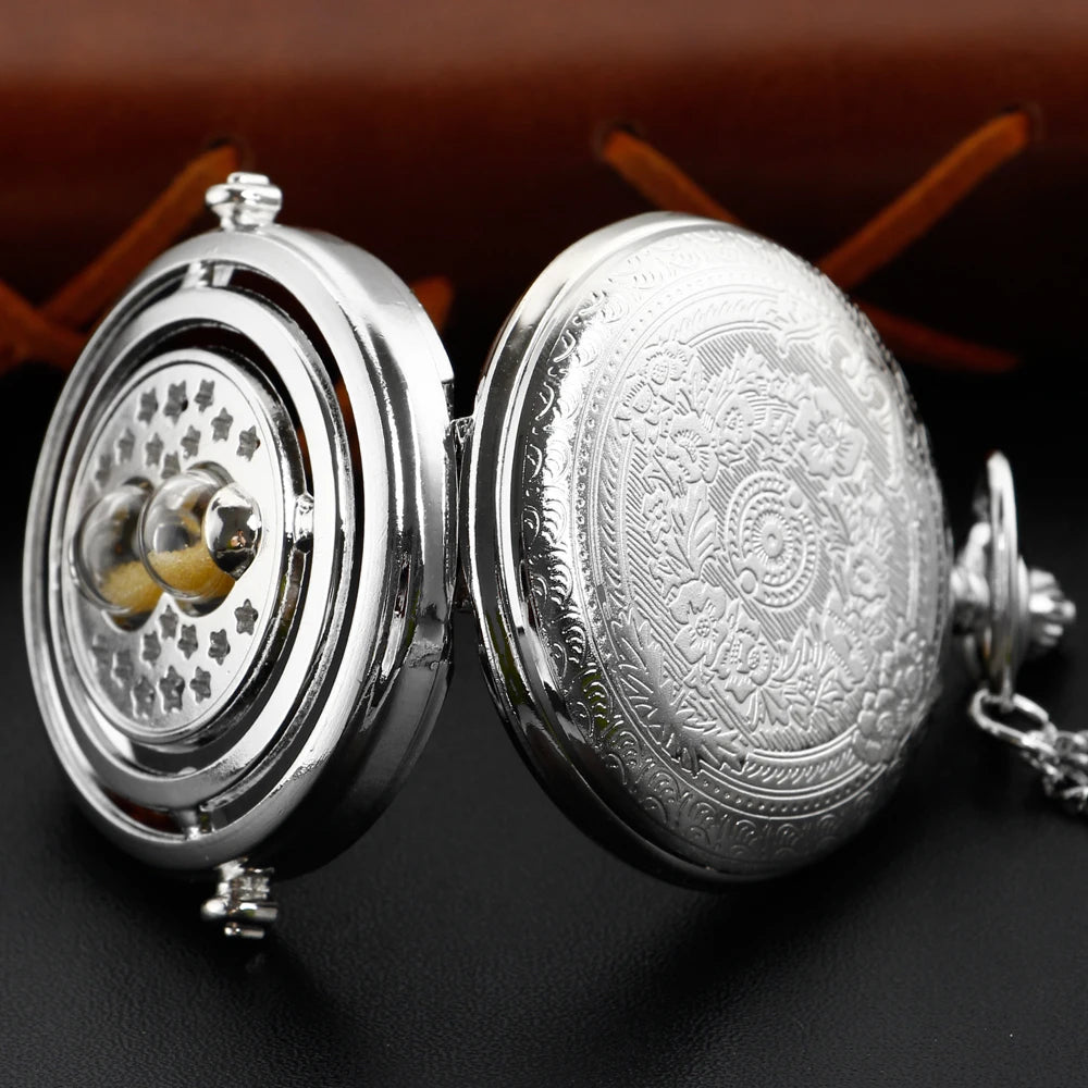 SHUHANG Adults Quartz Movement Exquisite Digital-Analog Display Flip-Out Acrylic Face Silver Stainless Steel Metal Round On Front Stars-Small Hourglass-On Back Floral Design Chain-Pocket Watches