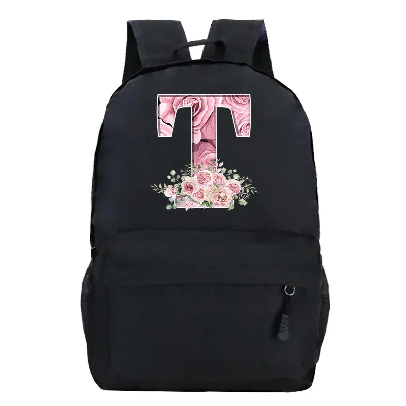 No-EN-Name-Null Waterproof Large Black Softback Nylon Fabric Printed Floral Pink Rose First Name Initial Letter Curved Back Zipper Canvas Lining Built-In Laptop Compartment Shoulder Straps-Handle Zippered External Pockets School Backpacks