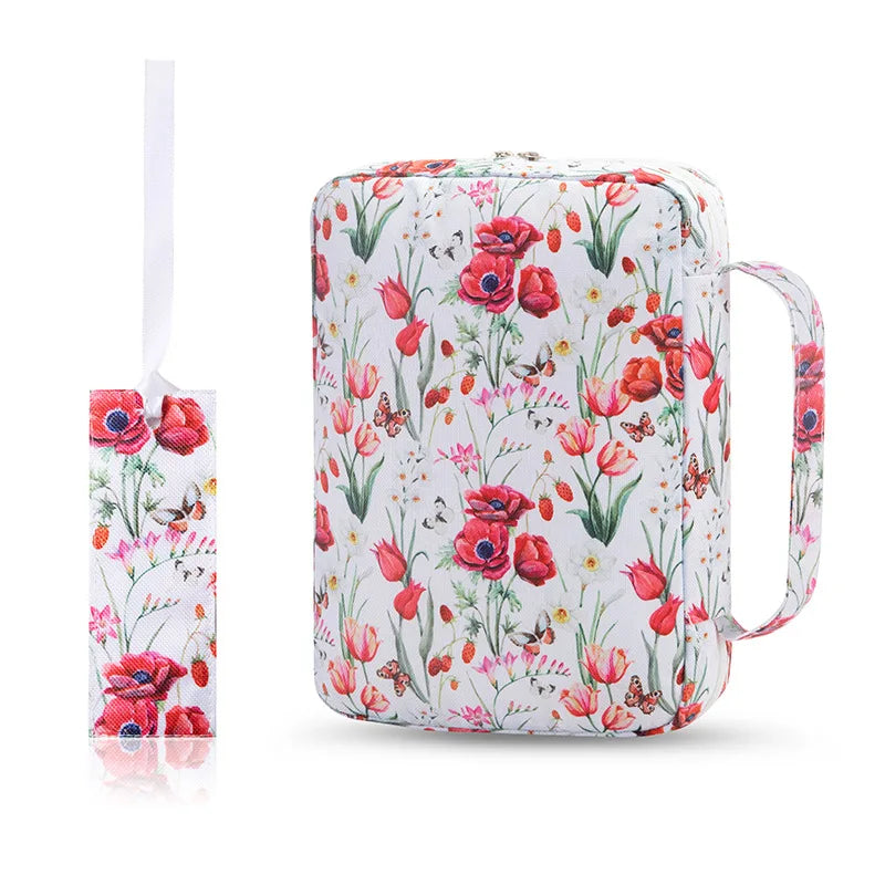 ALL GLORY Soft Handle Blue Floral Design Saying God Is Within Her She Will Not Fall Psalms 46: 5Metal Zippered Internal Pockets Nylon Fabric Polyester Lining Religious Items Bible Cover Cases/Colors-Various Floral Patterns