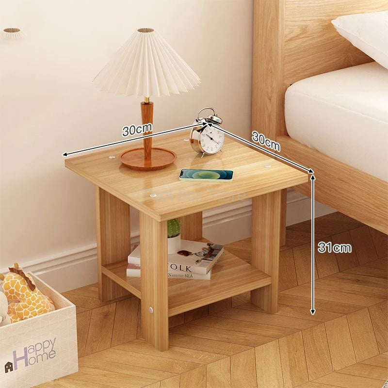 No-EN-Name-Null Modern 2-Tiers Mini Beige Square Shaped Waterproof Scratch-Resistant Natural Wood Frame Bedside Nightstands