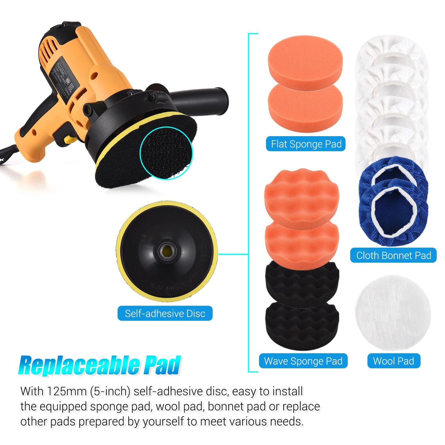 GEEVORKS Yellow-Black Body Plastic 5-Inch Self Adhesive Disc-Shaft AC-Powered Electric Automotive Car Rotary Polishers-Buffers Sets/Colors-Black/Yellow/Blue