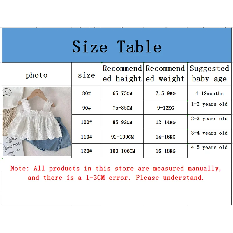 UIVSOUN Newborn Babies Girls-Toddlers Summer Breathable Easy-Snaps Triple Breasted Closure O-Neck Collar Cotton White Lace Sleeveless Shirts-Blue Denim Brace Skirt Sets/Ages: Newborn- 6 Years Old