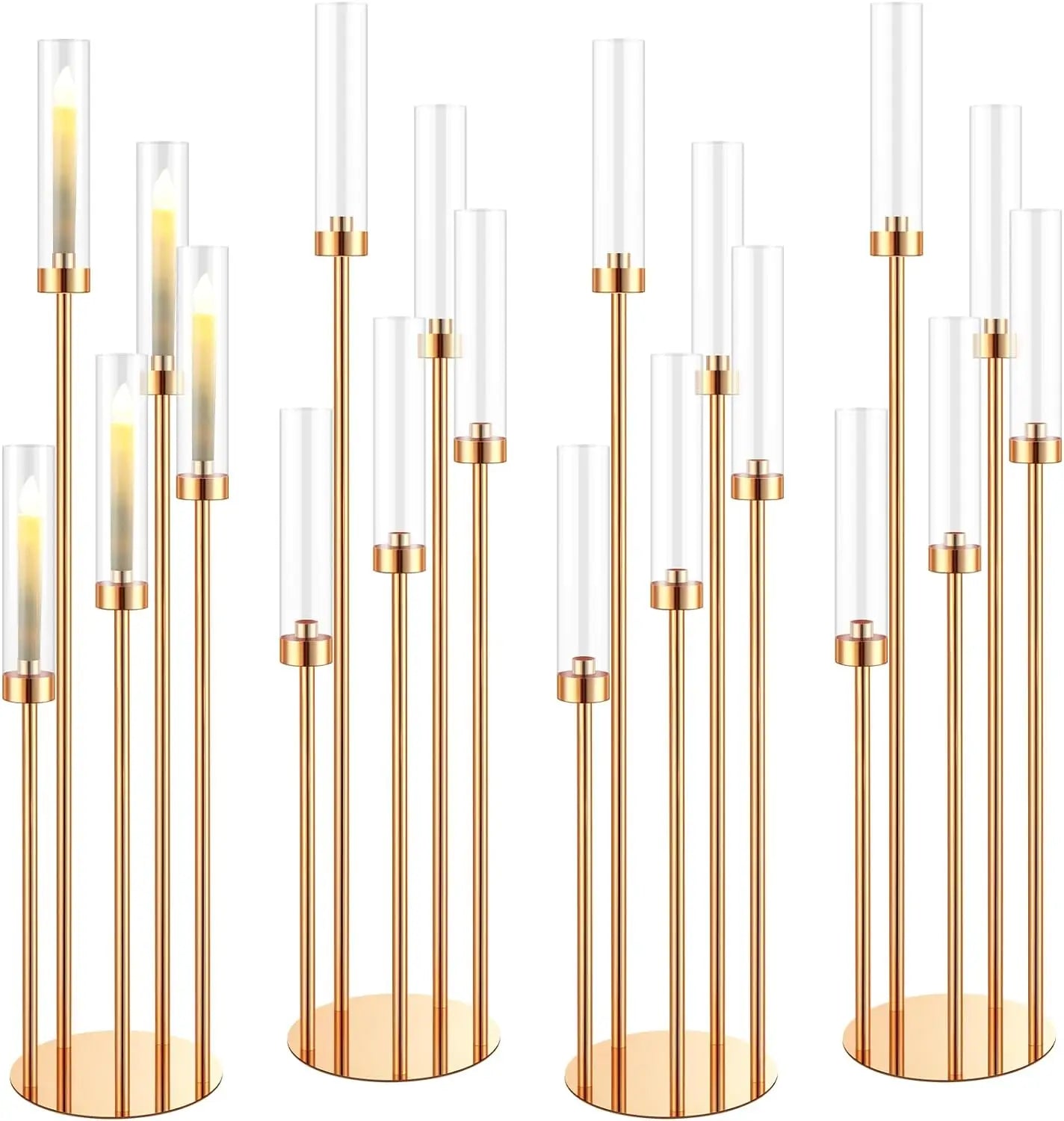 MS-MADE Elegance 4 PCS Tall Five Crowned Arms Gleaming Gold Metal-Acrylic Glass Shades Round Cylindrical Shaped Candelabra Wedding Floor Candle Holders