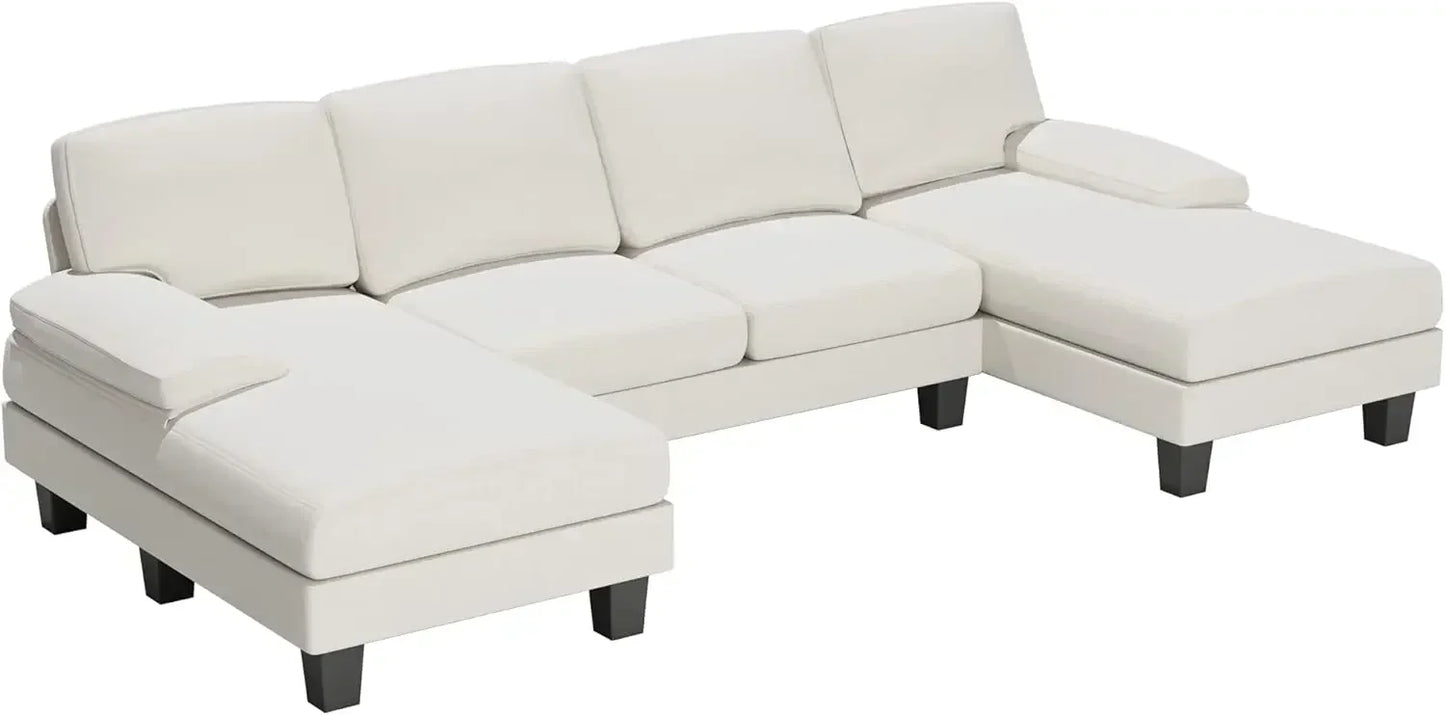 No-EN-Name-Null Modern Soft White U-Shaped Breathable Futon Fabric Solid Wood Panel Frame Double Chaise Medium Firmness Soft Comfortable Sectional Sofas/Washable Covers/4 Metal Legs