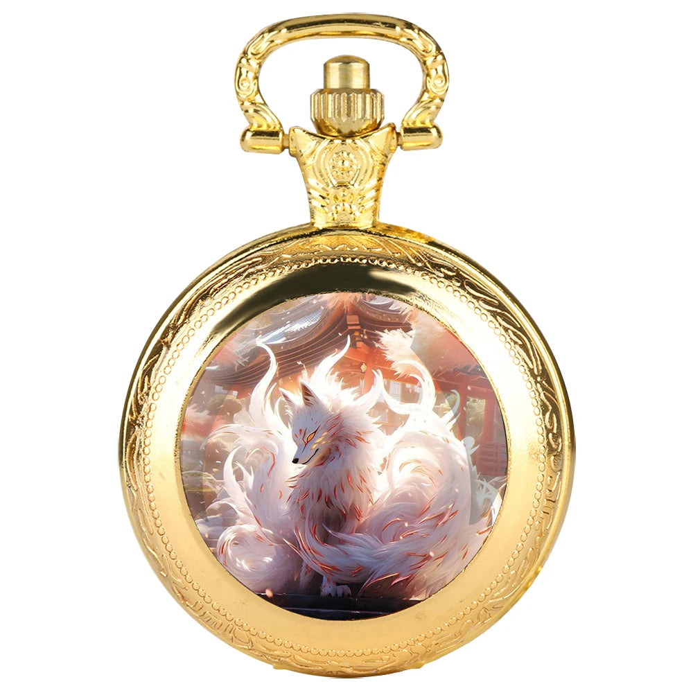 No-EN-Name-Null Adults Unisex Quartz Black Antique Round Shaped Creative Cartoon Nine-Tailed Fox Analog Display Arabic Numerals Black Necklace Chain-Pocket Watches/ Colors-Golden/Bronze/Silvery/Black