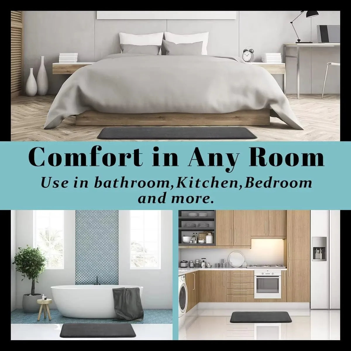 No-EN-Name-Null Waterproof Black-Gray Rectangle Shaped Velvet Suede-Polyester Fabric Top Soft Thick Memory Foam Core Anti-Slip PVC Base Bathroom Rugs/Colors-Black/Gray/Machine Wash On Cold