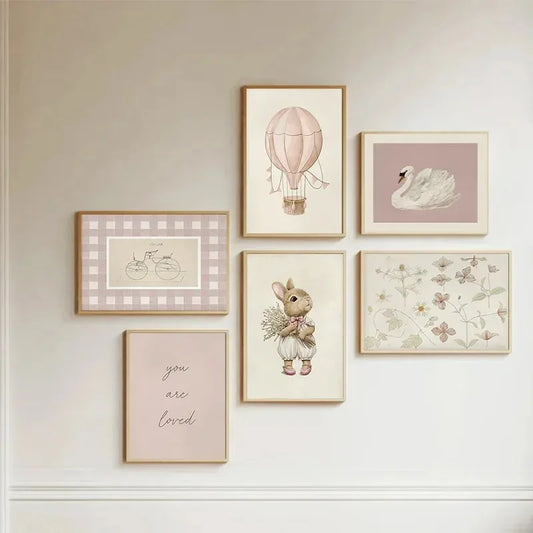 Unframed Light Hand-Painted Oil Canvas Nursery Animal Art Prints/Colors-Pink/Beige/Checkered Animal/Blue