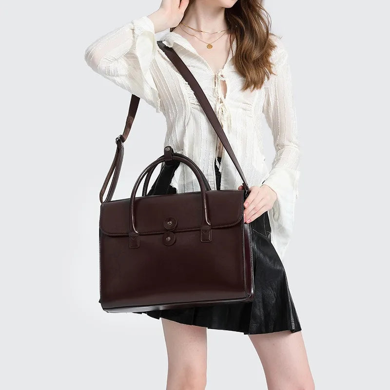 RTRS Women Genuine Brown-Black Cow Leather Built-In 14 Inch Laptop Compartment Internal Padding Hasp Closure Soft Two Carry Handles-Strap Polyester Lining Rectangle Briefcase Handbags/Protective Sleeves Inside/Suitable For 14 Inch Laptop