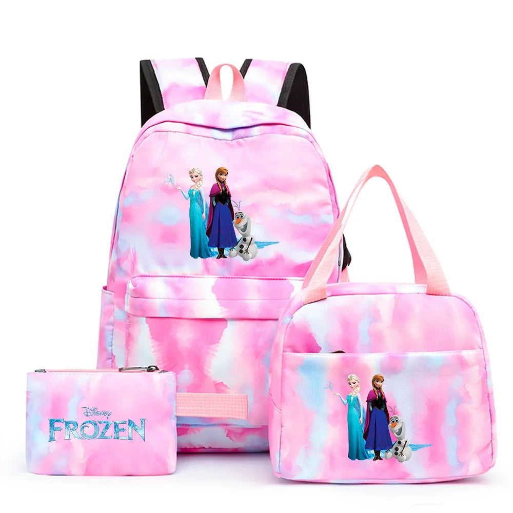 Disney Kids Cute Cartoon Frozen Movie-Elsa-Anna Multicolor Large Waterproof Nylon Fabric Zipper Pockets Shoulder Straps-Handle Single Compartment School Backpacks Sets/ Lunch Bag/Pencil Bag/Colors-Pink/Blue/Multicolor