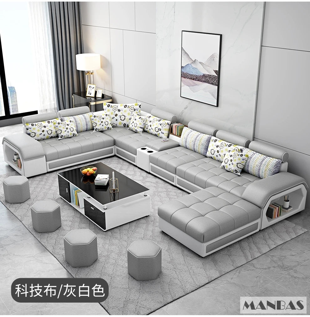 MINGDIBAO Modern U-Shape Medium Soft Firmness Fabric Sectional Sofa Sets/ Size: 240 x 400 x 80cm/ USB Port/Storage/4 Stools/Colors-Blue/Black/Khaki/Grey