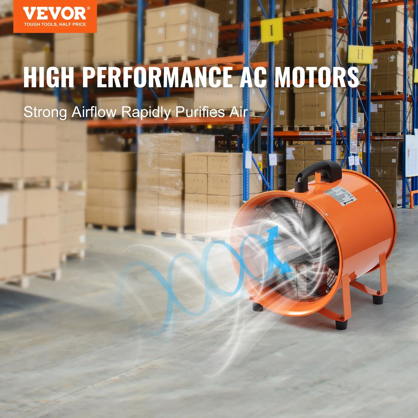 VEVOR Portable Two Gear Speed Round Orange Metal Industrial Cylinder Shaped AC-Powered Motor Exhaust Ventilation Fans/16.4 Feet Flexible Orange-Black PVC Duct Pipe Hoses Included/Power Cord 5.9 Feet Included