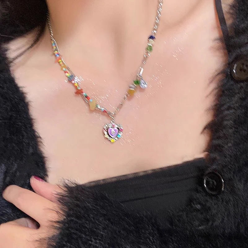 No-EN-Name-Null Adults Women Vintage Imitation Zinc Alloy Metals Imitation Bohemian Natural Crystal Stones Flower Dangle-Hearts-Smiling Star Multicolored Beaded Pendant Necklaces/Colors-Floral/Multicolor