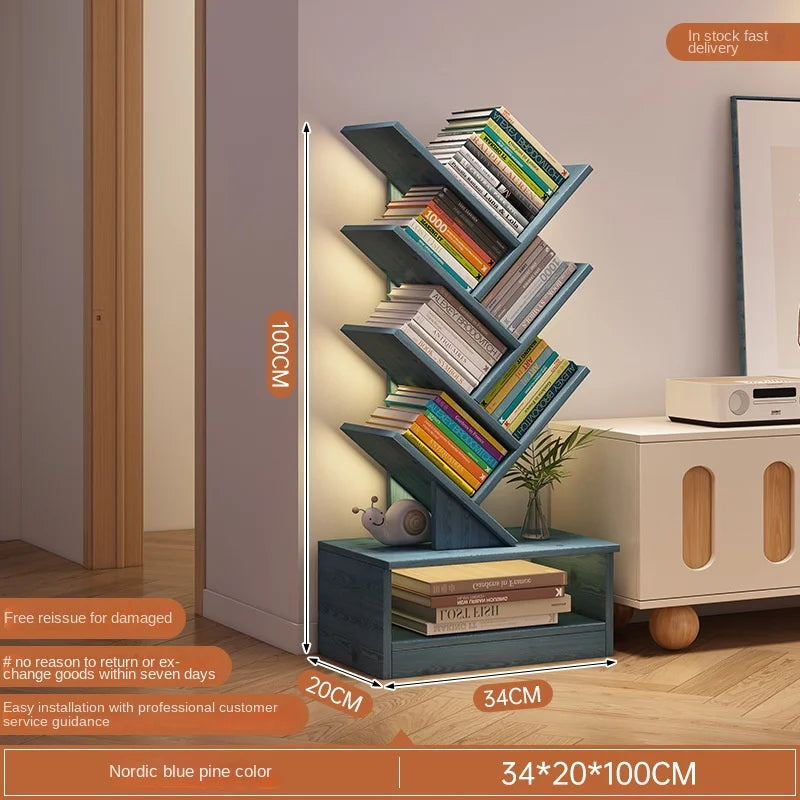 OMGD Modern Brown Wood-Panels One Drawer Box Base Free-Standing Living Room Small Tree-Like Shelves-Ladder Bookcases/Colors-Blue/Brown/White