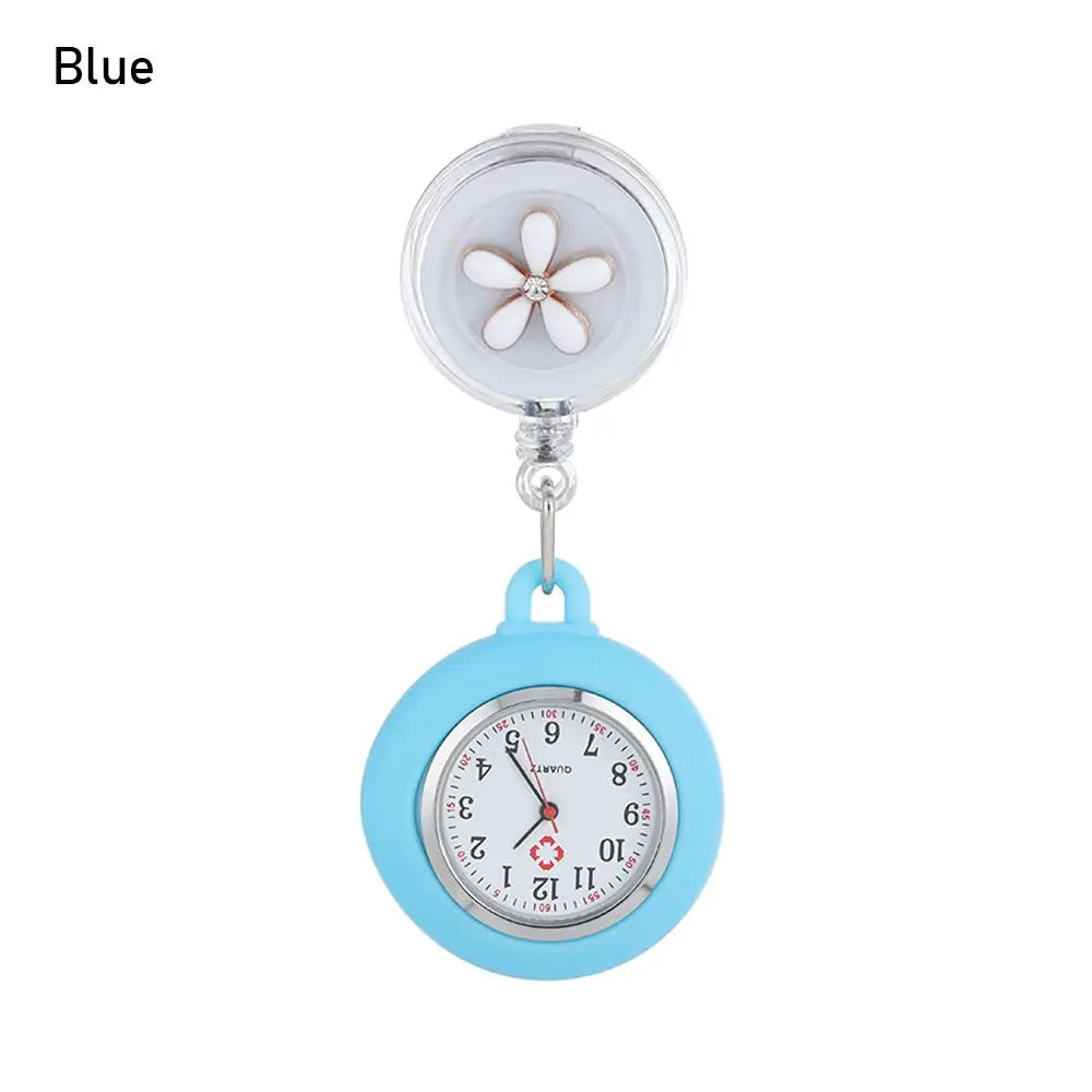 No-EN-Name-Null Adults Waterproof Glass Face Round Shaped Quartz Digital-Analog Display Nurse-Doctor Cute Flower Design Pink Silicone Cover Metal Alloy Case Clip-On Retractable Fob Pocket Watches/Colors-Pink/Black/Blue/White